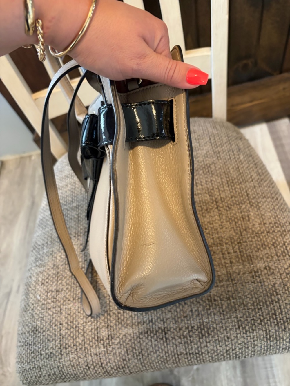 kate spade taupe satchel with glossy black bow - Picture 6 of 8